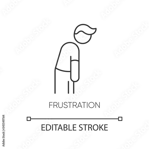 Frustration pixel perfect linear icon. Burnout symptom. Man suffer from anxiety. Thin line customizable illustration. Contour symbol. Vector isolated outline drawing. Editable stroke
