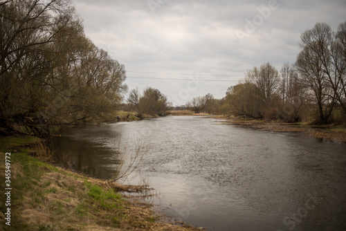 panorama of the belarusian river in early spring. April 2020