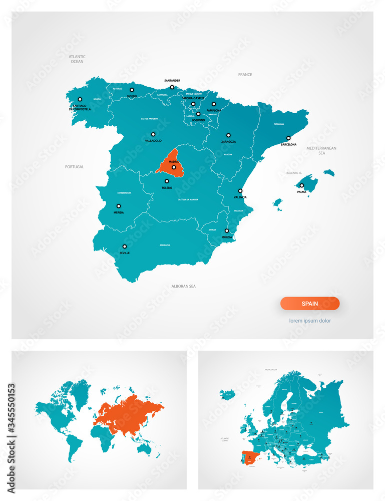 Fototapeta premium Editable template of map of Spain with marks. Spain on world map and on Europe map.