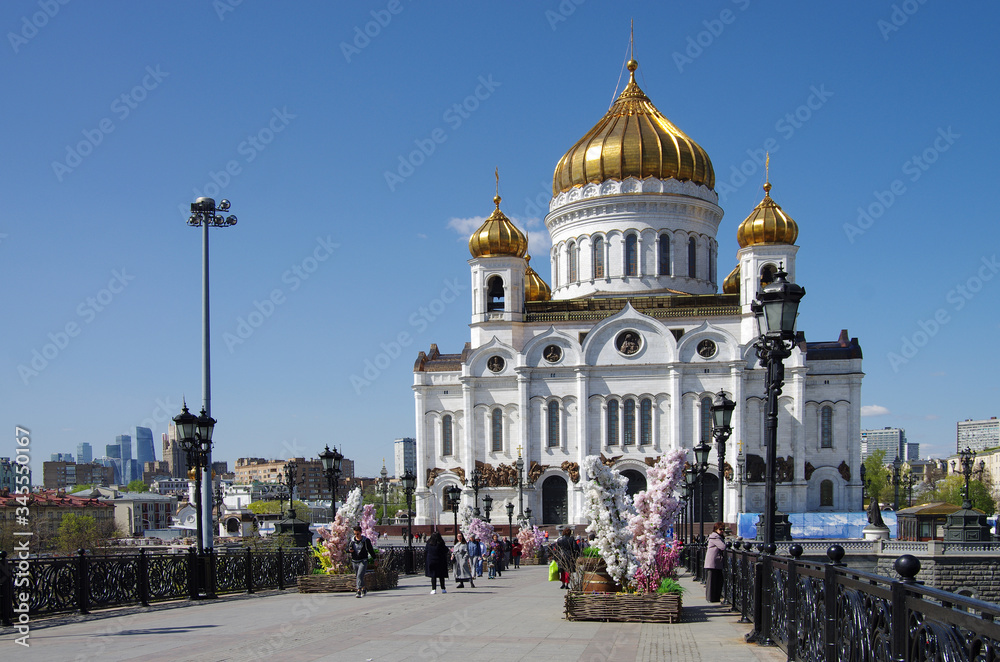 MOSCOW, RUSSIA - April, 2019: The Cathedral of Christ the Saviour. Decorations for The Easter Gift Festival