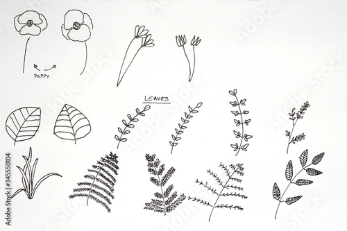 Single flowers doodle on white paper photo