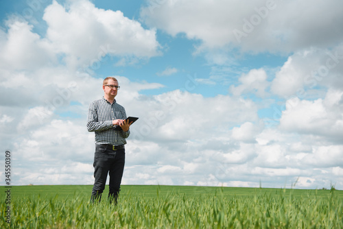 Young agronomist holds tablet touch pad computer in green wheat field. Agribusiness concept. agricultural engineer standing in a wheat field with a tablet in summer