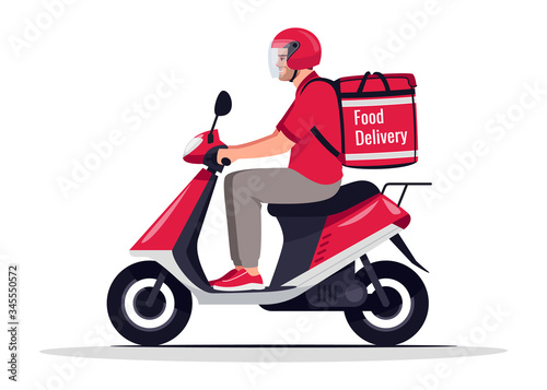 Urban food delivery semi flat RGB color vector illustration. Cafe service worker with order on motorbike. Caucasian male courier in red uniform isolated cartoon character on white background