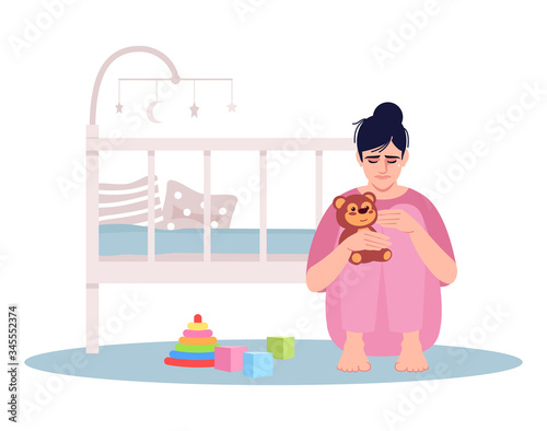 Crying young mother semi flat RGB color vector illustration. Woman lost child isolated cartoon character on white background. Postnatal depression, emotional stress. Baby loss, grieving parent