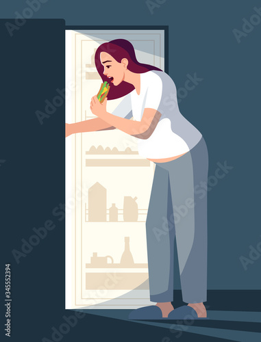 Overweight woman eating at night semi flat RGB color vector illustration. Young girl with excessive weight isolated cartoon character on blue background. Emotional eating, overeating problem