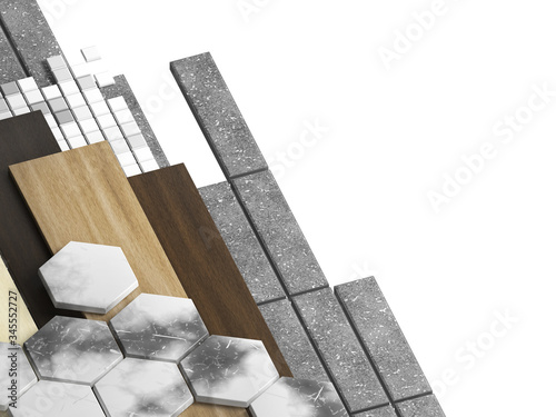 Fototapeta Naklejka Na Ścianę i Meble -  Samples of finishing materials for interior design. Laminate, ceramic tile, granite, marble, isolated on white background. 3d render.