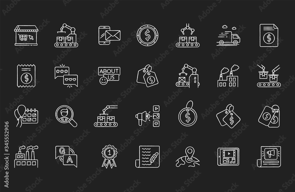 Social media chalk white icons set on black background. E commerce and retail. Online shopping store. Digital marketing. Premium quality production. Isolated vector chalkboard illustrations Social media chalk white icons set on black background. E commerce and retail. Online shopping store. Digital marketing. Premium quality production. Isolated vector chalkboard illustrations