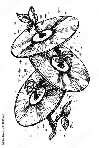 CD Player Day. Cd discs on a branch. Abstract Old School illustration.