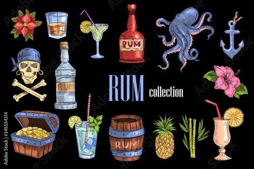 Vector “Rum collection” set of stickers with various objects, such as pirate skull, bottles, cask, pineapple, chest with gold, anchor and cute friendly octopus. Labels in engraving grunge style.