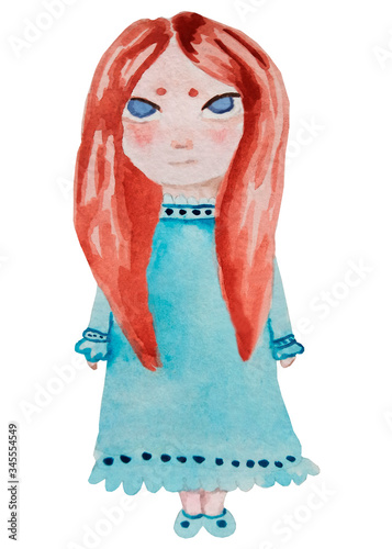 Illustration of cartoon girl with brown hair in blue dress and shoes