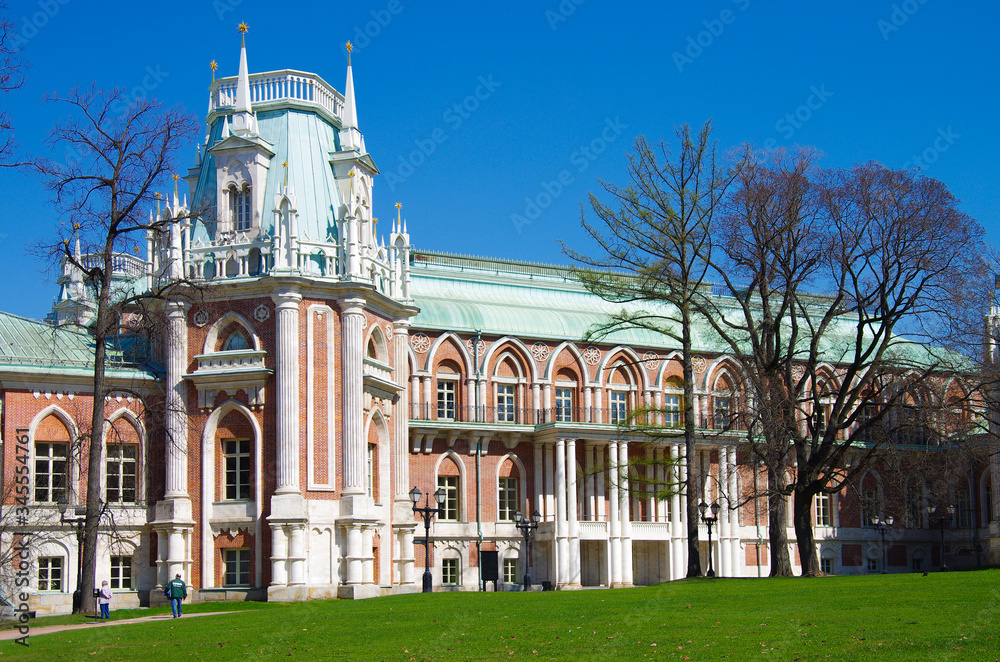 MOSCOW, RUSSIA - April, 2019: Grand Palace in Tsaritsyno in spring day