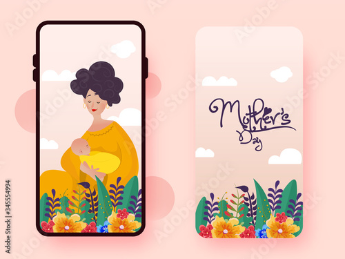 Happy Mother's Day vector, illustration with the love of mother and baby. Use for mobile(cell) phone screen, wallpaper, and back cover with flowers and leaves.