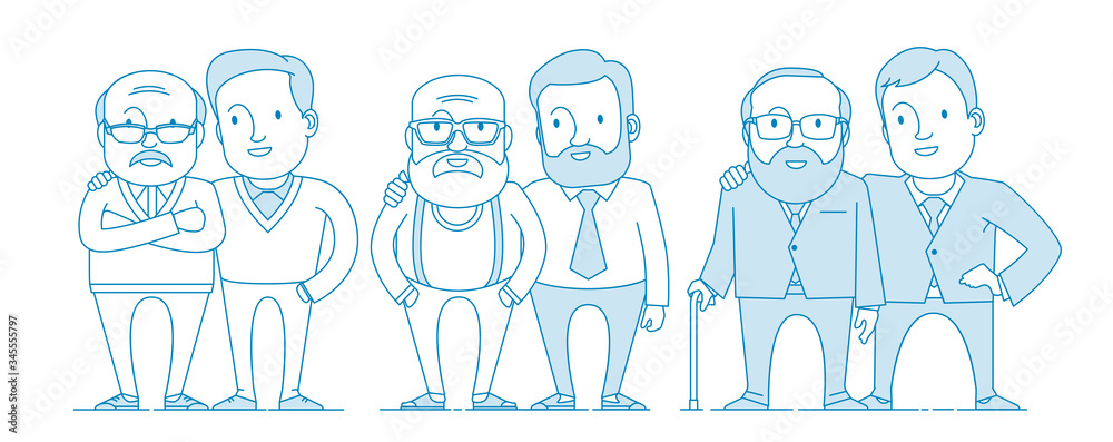 Father and his adult son. Elderly father and adult son together. Cartoon characters. Illustration in line art style. Vector Father and his adult son. Elderly father and adult son together. Cartoon characters. Illustration in line art style. Vector