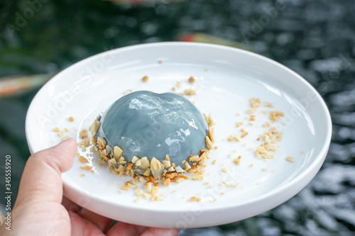 Earl Grey Mousse Cake in white plate, nature background.