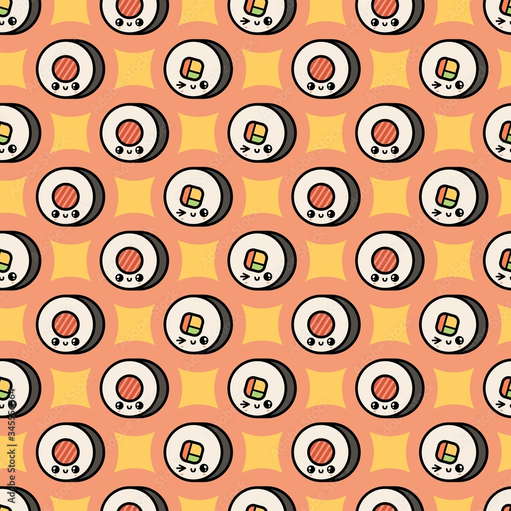 Cute Kawaii food. Tasty Sushi roll. Side view. Japanese cartoon manga  style. Funny anime character with face. Trendy Vector illustration. Colored  Seamless pattern. Background, wallpaper, wrapping Stock Vector | Adobe Stock