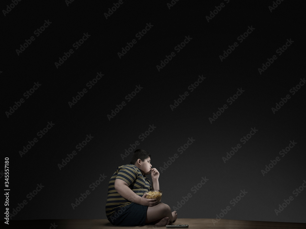 Young boy having chips while watching television.(Obesity) Young boy having chips while watching television.(Obesity)