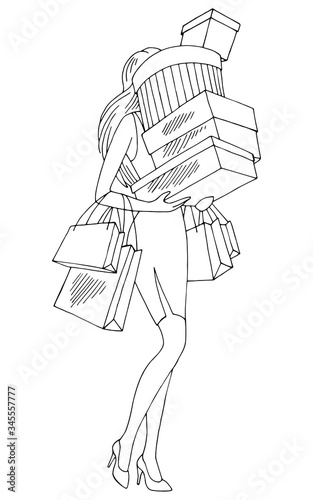 Woman after shopping carry boxes and bags graphic black white isolated sketch illustration vector