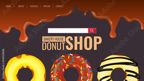 Web page design for Donut Shop, Sweet products, Bakery, Confectionery, Dessert. Donuts with various topping and hot chocolate. Vector illustration for poster, banner, website, commercial, menu. 