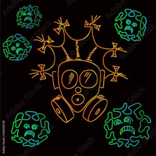 image of a man in a gas mask with a haircut around viruses