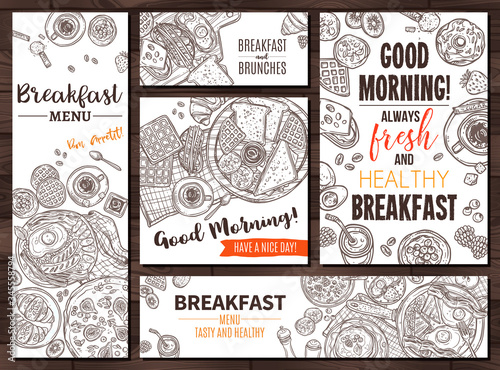 Breakfast, finger food and good morning doodle design. Collection of cards, banners and poster in skeatch hand drawn style for café or restaurant. Vector freehand temlates and layout