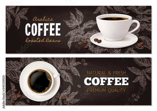 Coffee advertising concept with cup of beverage on blackboard with drawing of coffee tree branches. Vector design of horizontal banners with realistic mug and sketch hand drawn plant