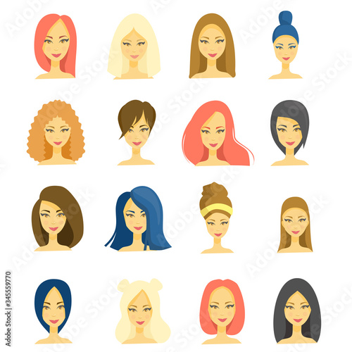 Beautiful faces of young girls, different hairstyles, haircuts, long, short hair, brunettes, brown-haired women, blondes and redheads. Avatars, icons isolated on a white background. Vector flat illust