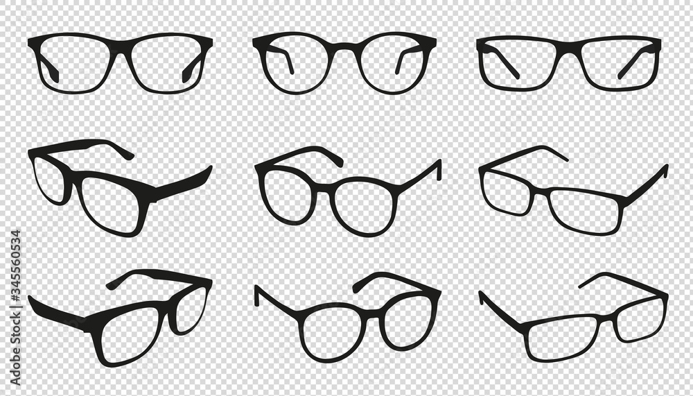 Glasses Icons - Different Angle View - Black Vector Illustration Set -  Isolated On Transparent Background Stock Vector | Adobe Stock