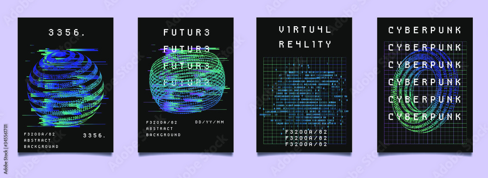 Set of vaporwave and synthwave style posters with binary code and 3d figures. Collection of futuristic cyberpunk covers for music, hackathon or science event.