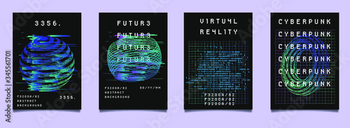 Set of vaporwave and synthwave style posters with binary code and 3d figures. Collection of futuristic cyberpunk covers for music, hackathon or science event.
