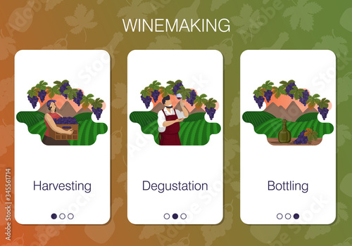 Set of vector mobile app pages on theme wine production. Stages of winemaking. Design of onboarding screens