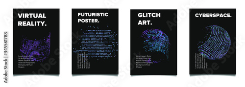Set of vaporwave and synthwave style posters with binary code and 3d figures. Collection of futuristic cyberpunk covers for music, hackathon or science event.