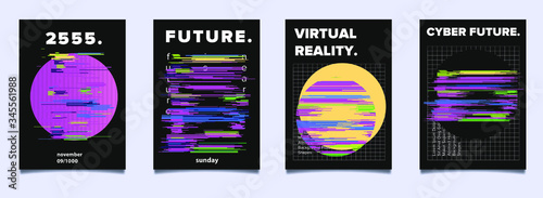 Set of vaporwave and synthwave style posters with geometic shapes and glitch VHS effect. Collection of futuristic cyberpunk covers for electronic music party, night club or bar event.
