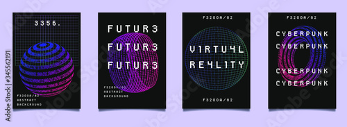Set of vaporwave and synthwave style posters with binary code and 3d figures. Collection of futuristic cyberpunk covers for music, hackathon or science event.