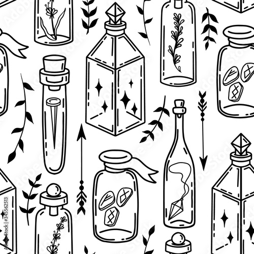Seamless pattern of magic components with different potion ingredients in different glass bottles and jars