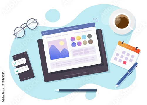 Image photo editing software online on digital tablet computer vector above designer workplace table desk or artist desktop picture creating and drawing program top view flat, concept of art studio