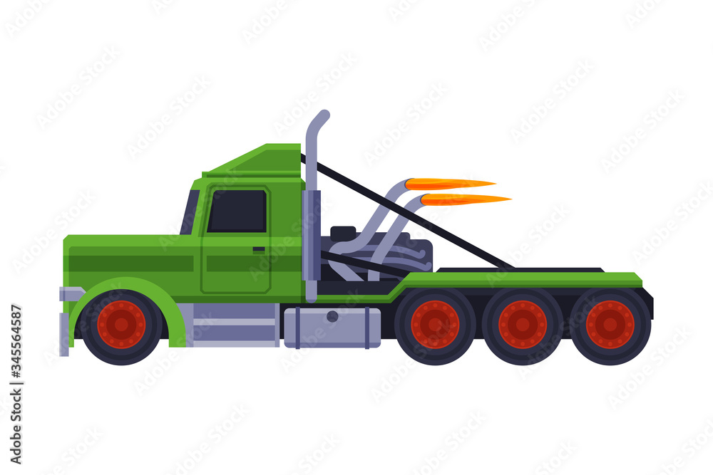 Naklejka premium Green Racing Truck, Fast Heavy Sport Vehicle Freight Machine Flat Vector Illustration