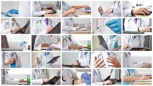 Collage of medical doctors analyzing and explaining some results and doing procedures. Medical doctor in different situations photo