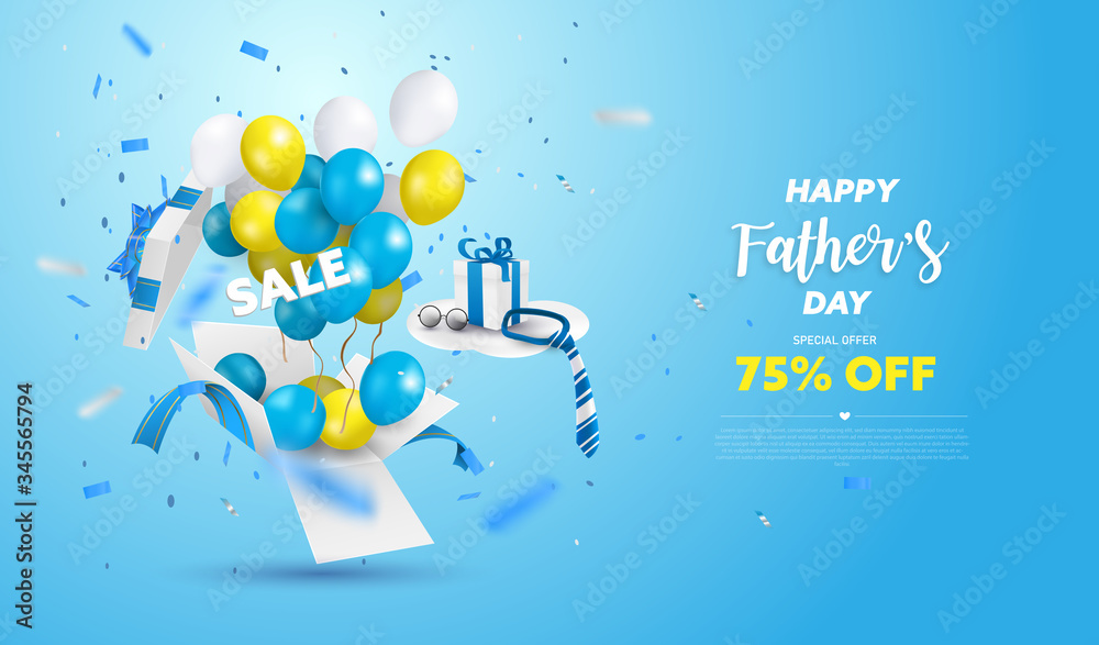 Fototapeta premium Happy Father's Day Sale banner or Promotion on blue background. Surprise box open with yellow, white and blue ballon. Vector illustration.