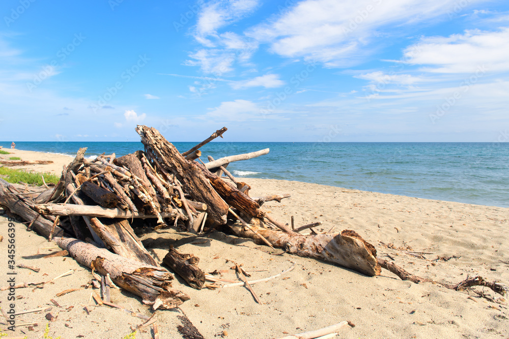 Corsican beach landscape with wreckage