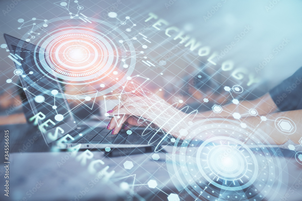 Multi exposure of woman hands working on computer and data theme hologram drawing. Tech concept. Multi exposure of woman hands working on computer and data theme hologram drawing. Tech concept.