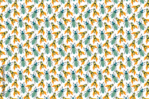 Beetles bright pattern. Insects pattern on white