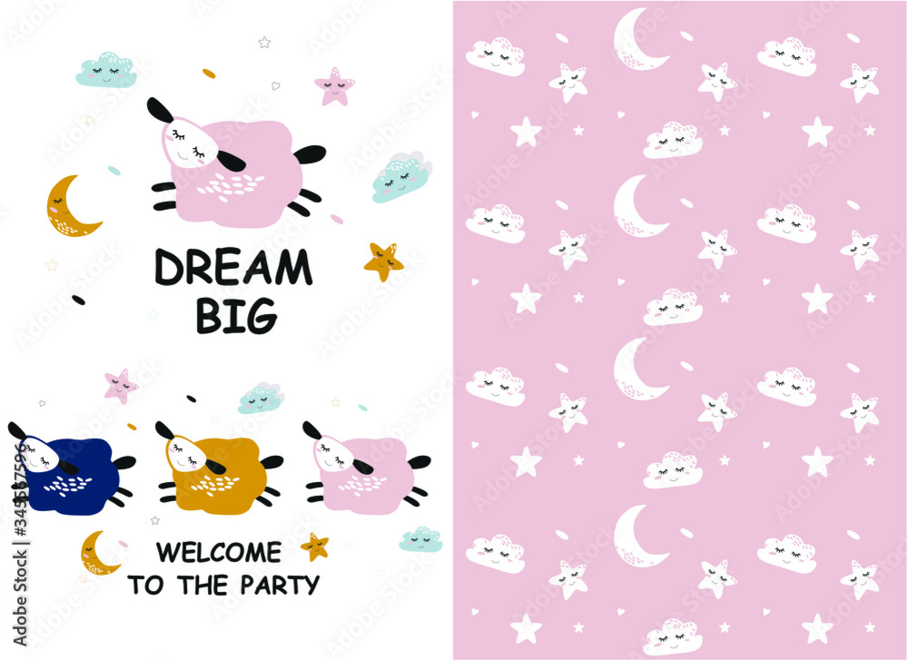 Vector pattern with cute sheep moon clouds. Night nursery background. For children, clothes, fabrics, textiles, wrapping paper, wallpaper, scrapbooking, etc. Vector pattern with cute sheep moon clouds. Night nursery background. For children, clothes, fabrics, textiles, wrapping paper, wallpaper, scrapbooking, etc.