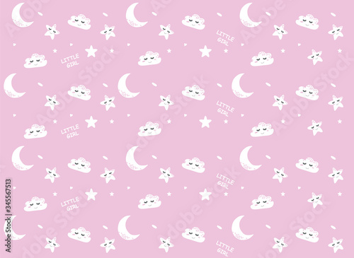 Vector  pattern with cute star, moon, clouds. Night nursery background. For children, clothes, fabrics, textiles, wrapping paper, wallpaper, scrapbooking, etc.