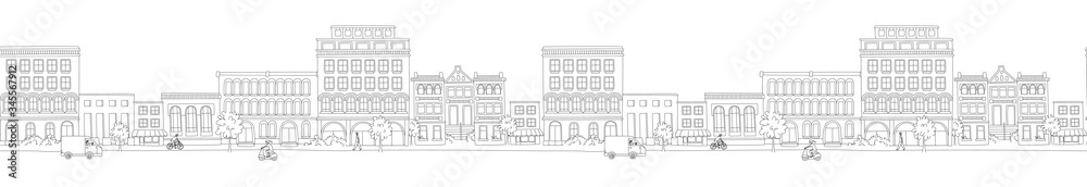 Cityscape, houses, buildings, street with pedestrians, traffic. Seamless pattern border