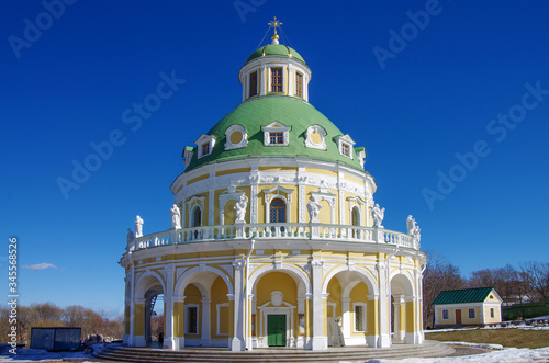 MOSCOW REGION, VILLAGE PODMOKLOVO, RUSSIA - March, 2019: Church of the Nativity of the Virgin is a bright example of Italian Baroque