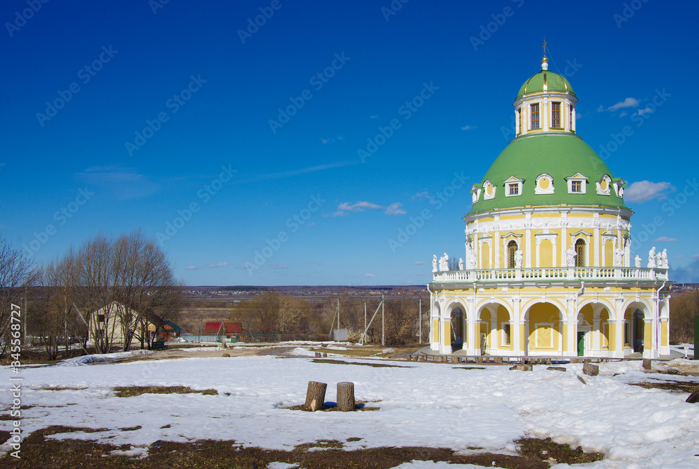 MOSCOW  REGION, VILLAGE PODMOKLOVO, RUSSIA - March, 2019: Church of the Nativity of the Virgin is a bright example of Italian Baroque