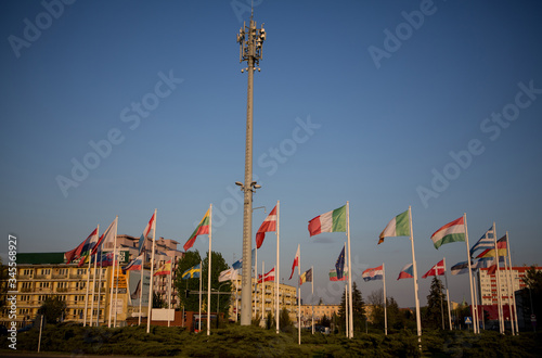 Telecommunication Mast among European Union countries flags