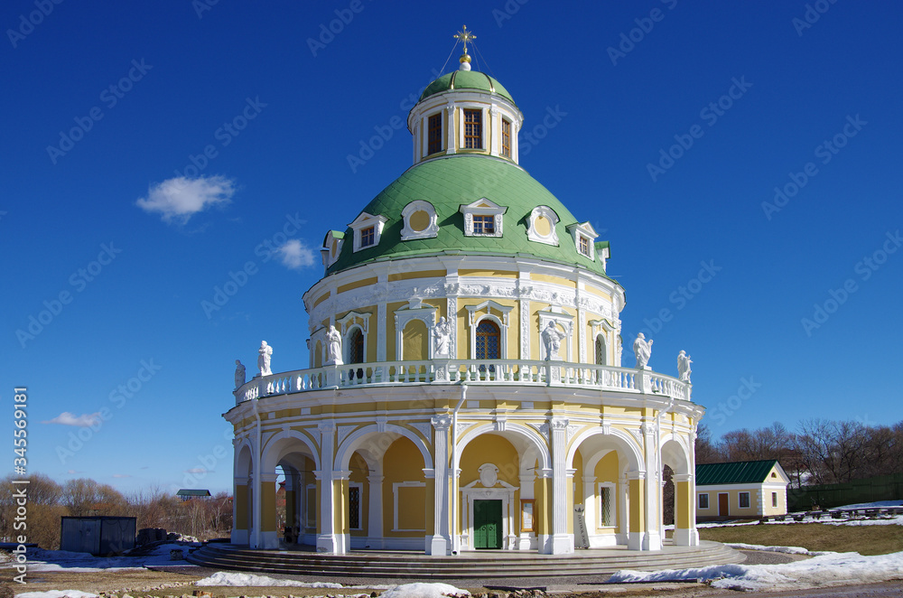 MOSCOW  REGION, VILLAGE PODMOKLOVO, RUSSIA - March, 2019: Church of the Nativity of the Virgin is a bright example of Italian Baroque