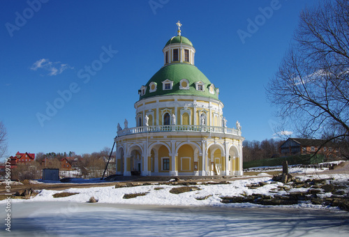 MOSCOW REGION, VILLAGE PODMOKLOVO, RUSSIA - March, 2019: Church of the Nativity of the Virgin is a bright example of Italian Baroque