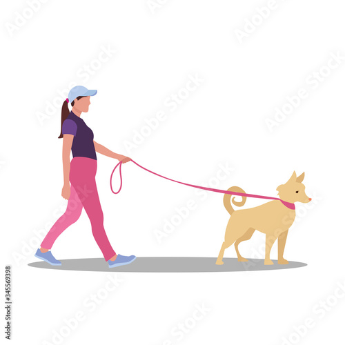 Woman walking a dog in the summer. Cute vector illustration in flat style.